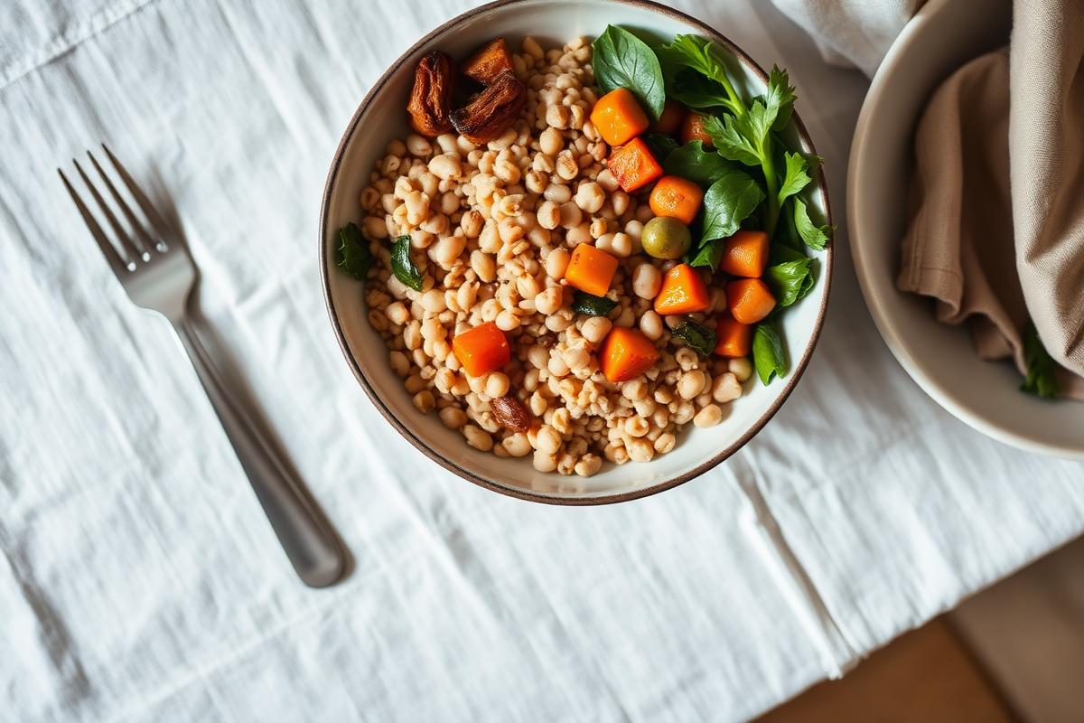 An overhead view of a bowl with grains, beans, roasted vegetables and greens on a linen tablecloth