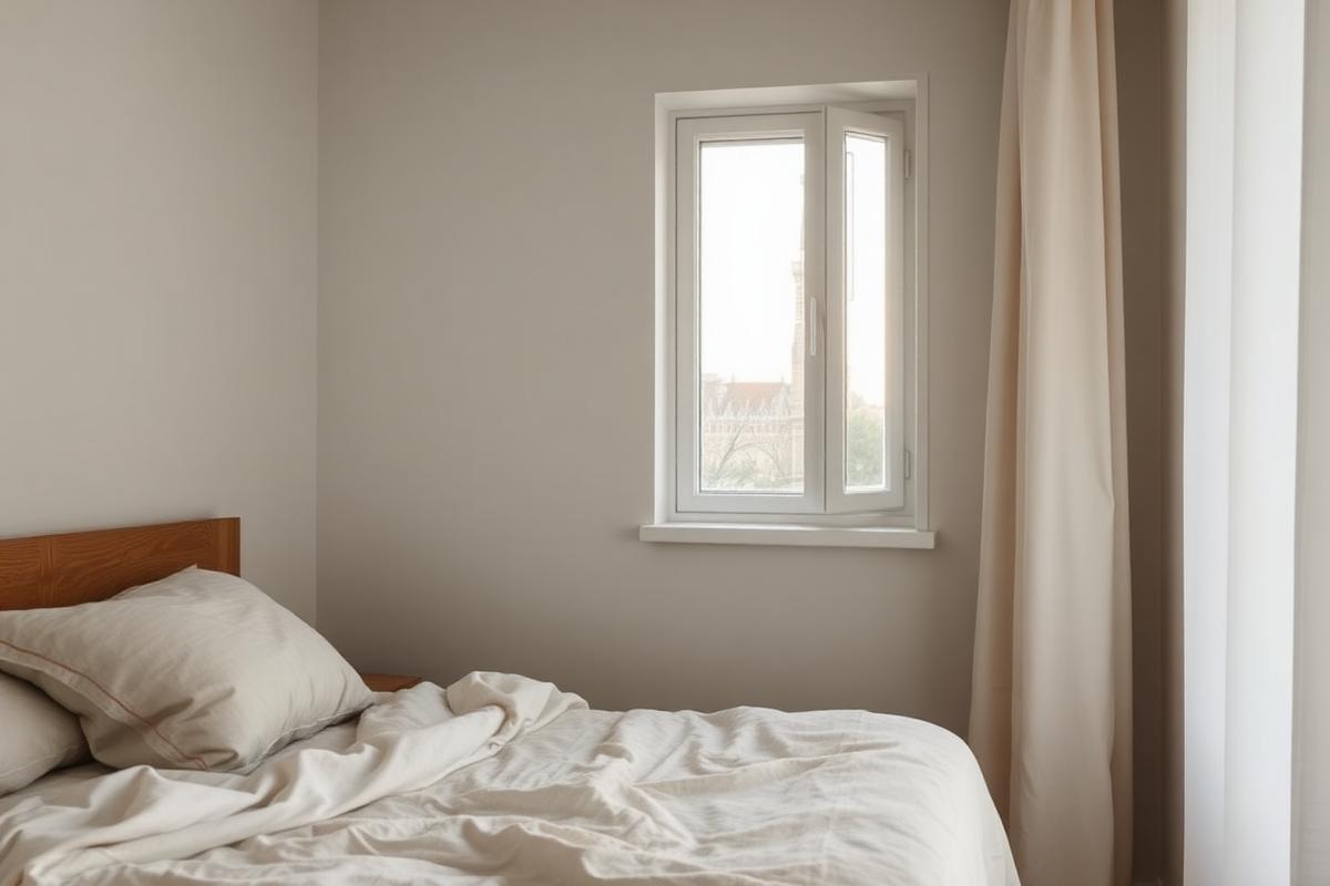 A quiet bedroom corner with linen bedding and soft daylight through a window